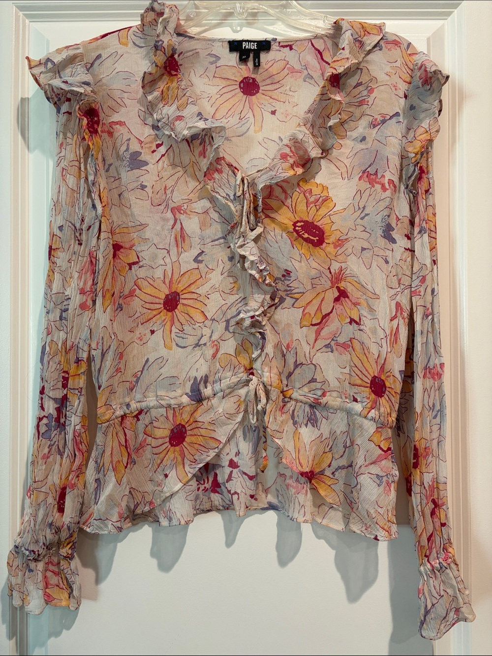 PAIGE Sheer Floral Ruffle Tie-Front Silk Bohemian Feminine Romantic Blouse, M